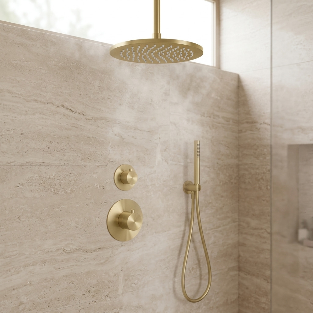 Aquanello Eterna Concealed Thermostatic Shower Set PVD Gold with 30 cm Ceiling Arm Rain Shower and Handheld Shower ET-S-SET4-3-60